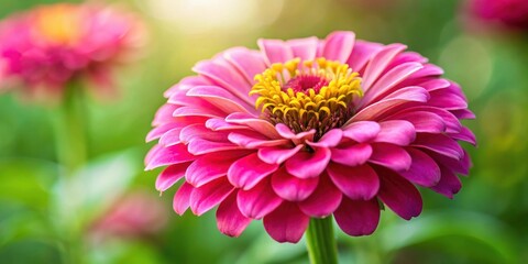 Obraz premium A vibrant pink zinnia blossom basks in the soft sunlight, its delicate petals unfurling in a breathtaking display of natural beauty, surrounded by a blurred background of lush greenery.