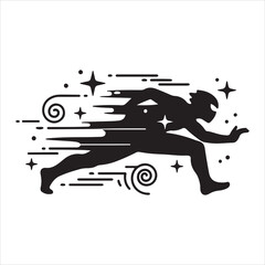 Dynamic silhouette of a speeding superhero with swirling motion trails