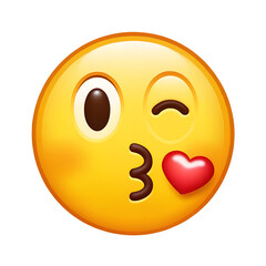 Fototapeta premium Cheerful yellow emoji winking, blowing kiss next to bright red heart on transparent backdrop, expressing playful love