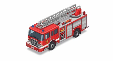 Red Fire Truck Cartoon Isometric Style Isolated on White