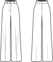 Wide-leg pants fashion design, flat vector illustration, CAD drawing front and back view, garment construction template, sewing pattern layout