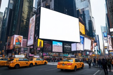 Times Square NYC street scene with massive blank billboard mockup, clean white screen for outdoor ad placement, surrounded by tall modern buildings and night lights