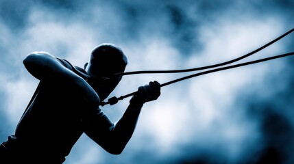 Zipline Adventure: Silhouette of a Man on a Ropes Course in Outdoor Activity