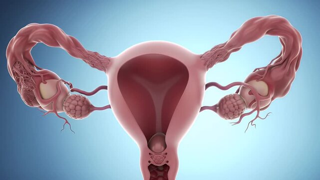 Detailed Illustration of a Female Reproductive System Anatomy in Pink and Red with Blue Background