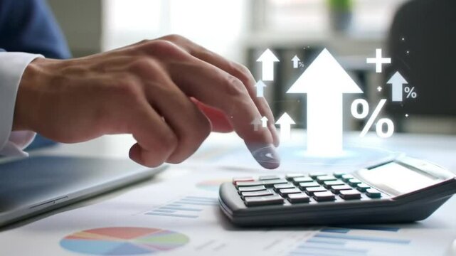 Financial Growth Calculation with Calculator Rising Percentage Animation, Profit Investment Concept