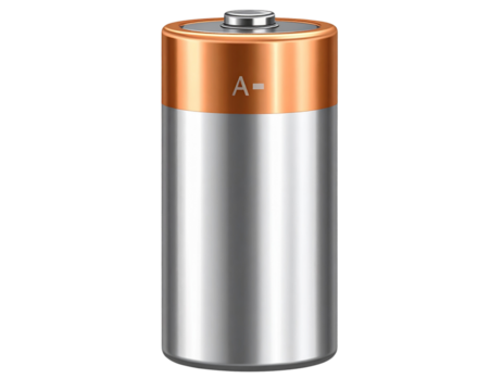 Single AA battery with realistic branding, isolated on a transparent background