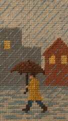 Pixelated rainy cityscape art.