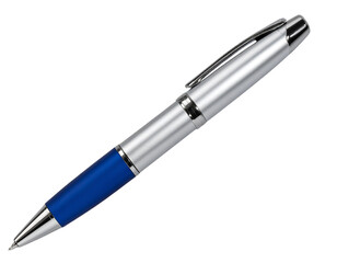 Realistic ballpoint pen with metallic clip, isolated on a transparent background