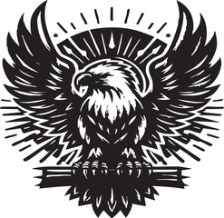 Bald Eagle Crest with Laurel Branch, Patriotic Military Tattoo Style Illustration.