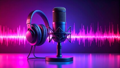 Minimalist podcast background with neon pink and deep violet gradient. Soft glowing light and abstract sound waves create a high-tech vibe. No text or elements obstructing space.