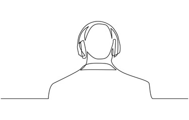 Single one line drawing man wearing headphones, Continuous one line drawing of happy man wearing headphone, Outline silhouette with copy space.