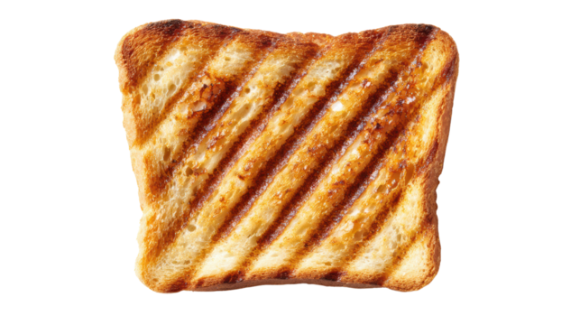 Golden brown grilled toast with diagonal stripes, white isolated background.