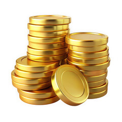 Stacks of shiny gold coins isolated on white background