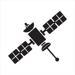 A black silhouette of a modern satellite with solar panels and an antenna