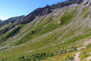 Naklejka premium Mountain panorama with hiking footpath from alpine hut Cabane Rambert towards Jorasse, Ovronnaz in Swiss Alps, Switzerland
