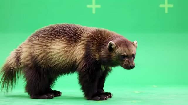 North American Wolverine (Gulo gulo) Standing on Green Screen Background for Visual Effects and Compositing Projects
