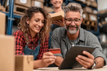 Happy Warehouse Workers Using Tablet and Credit Card for Efficient Inventory Management