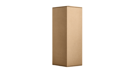 Plain brown cardboard box, standing upright, isolated on a white background.