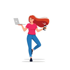 A woman balances with a laptop and coffee, showcasing multitasking and a casual pose.