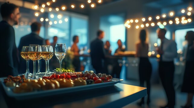 Corporate event catering with champagne and appetizers for business networking reception party scene silhouette
