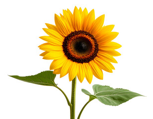 Obraz premium Side View of Blooming Sunflower with Curved Stem and Leaf Detail, Minimalist Composition, Isolated