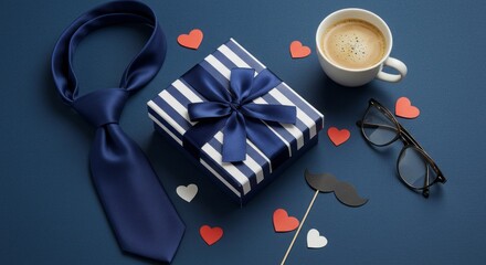 A thoughtful Father s Day gift arrangement with a coffee cup tie glasses striped box on dark blue