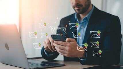 Businessman using smartphone with digital communication icons overlay