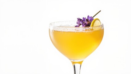 Elegant Cocktail with Lavender Garnish. A beautifully presented cocktail in a stemmed glass, featuring a vibrant yellow liquid. The drink is garnished with a sprig of lavender and lemon twists