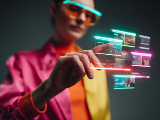 Colorfully dressed woman navigating a glowing digital interface with futuristic content panels