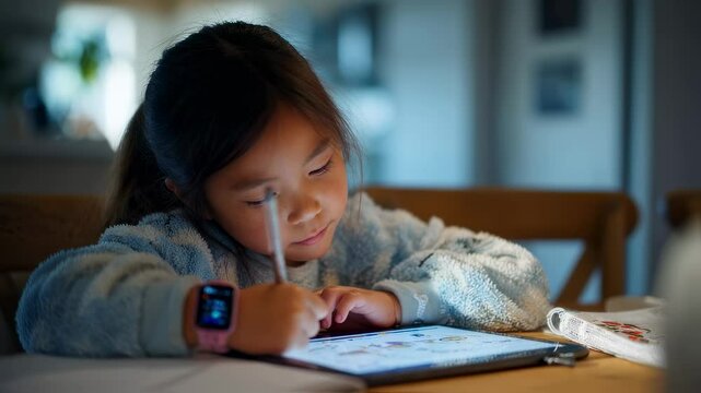 A childfocused study space at home showing a girl engrossed in digital learning. The tablet displays interactive lessons while she takes notes emphasizing how online education fosters