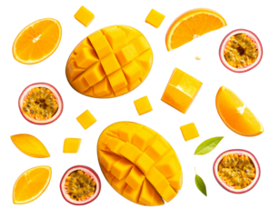 Tropical Fruit Mix with Mango Cubes, Passion Fruit Seeds, and Orange Segments, Top-Down Flat Lay, Isolated PNG