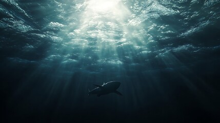 Mysterious shark silhouette swimming upward high resolution picture