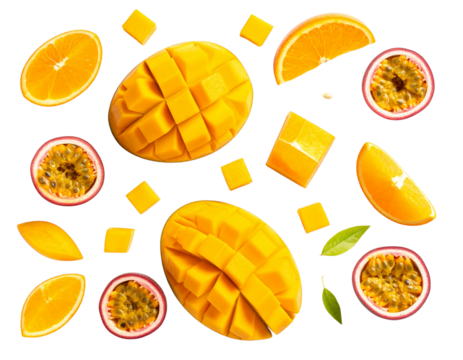  Tropical Fruit Mix with Mango Cubes, Passion Fruit Seeds, and Orange Segments, Top-Down Flat Lay, Isolated PNG