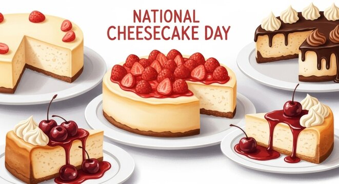 Celebrate National Cheesecake Day with mouthwatering strawberry cherry and chocolate treats on white