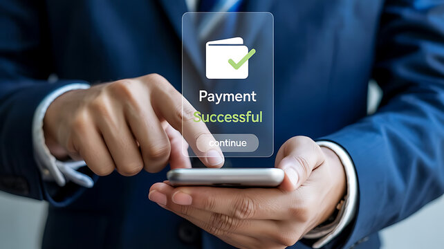 Payment app interface displaying successful transaction on mobile phone with business suit in background