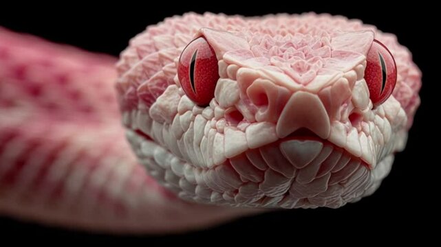 Rose-colored Venom: A captivating macro shot of a striking, rose-hued snake. Eyes full of curiosity gaze forward against the darkness. The detail is crisp and the colors, brilliant.