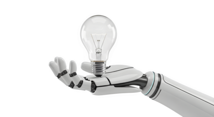 Artificial intelligence brings bright ideas as a robot hand holds a light bulb, illustrating innovation and technological advancement against a transparent background.