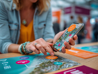 Woman using smartphone app to explore destination map with interactive travel information