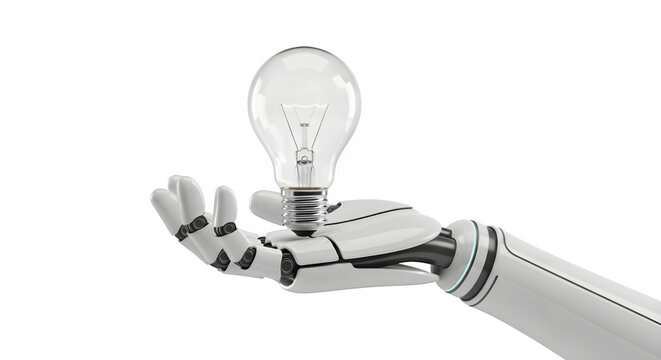 Artificial intelligence brings bright ideas as a robot hand holds a light bulb, illustrating innovation and technological advancement against a transparent background. - Powered by Adobe