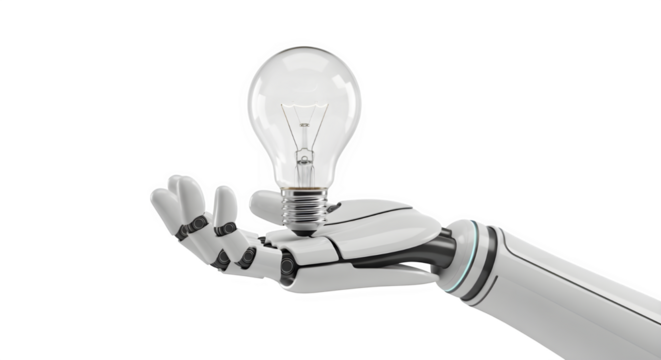 Artificial intelligence brings bright ideas as a robot hand holds a light bulb, illustrating innovation and technological advancement against a transparent background.