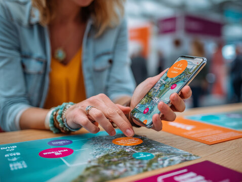 Woman using smartphone app to explore destination map with interactive travel information - Powered by Adobe