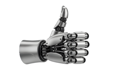 A futuristic metallic robot hand giving a thumbs up gesture on a transparent background, showcasing technology and a positive robotic concept.