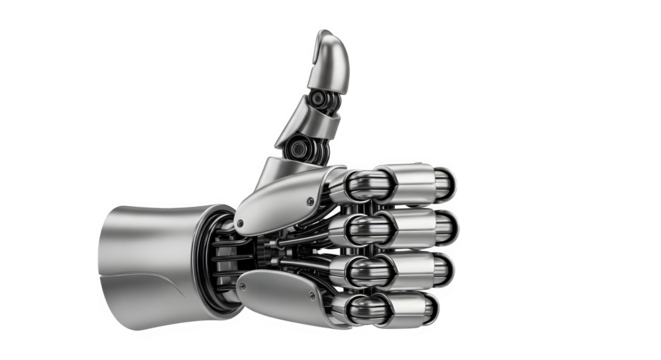 A futuristic metallic robot hand giving a thumbs up gesture on a transparent background, showcasing technology and a positive robotic concept. - Powered by Adobe