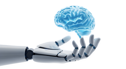 A conceptual rendering depicts a robot hand cradling a blue human brain, representing artificial intelligence, technology and futuristic medicine, transparent background
