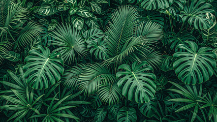 Lush Tropical Rainforest Foliage: Dark Green Monstera, Palm, and Exotic Leaf Background Texture
