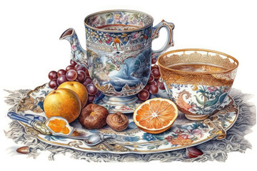 Watercolor illustration in the style of a realistic still life. An antique teapot, cup and various fruits - oranges, grapes, figs, as well as a dessert spoon and an elegant knife 