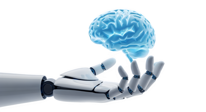 A conceptual rendering depicts a robot hand cradling a blue human brain, representing artificial intelligence, technology and futuristic medicine, transparent background