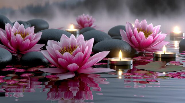 Pink water lilies and candles on the water, spa concept, relaxing atmosphere