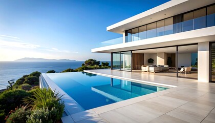 Fototapeta premium Modern luxury home with infinity pool overlooking ocean