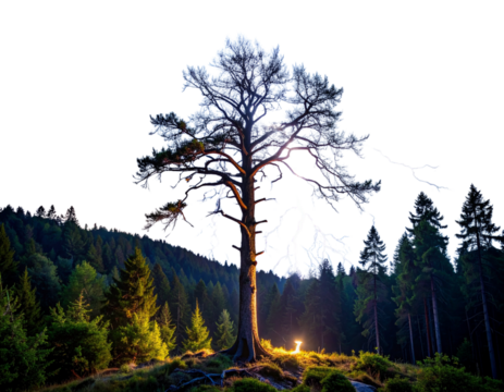 Lightning Bolt Striking Behind Lone Tree in Twilight Forest, Dramatic Night Scene, Isolated PNG